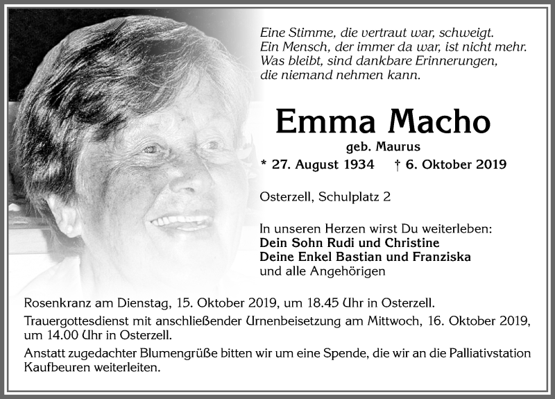 Traueranzeige von Emma Macho von Allgäuer Zeitung, Kaufbeuren/Buchloe