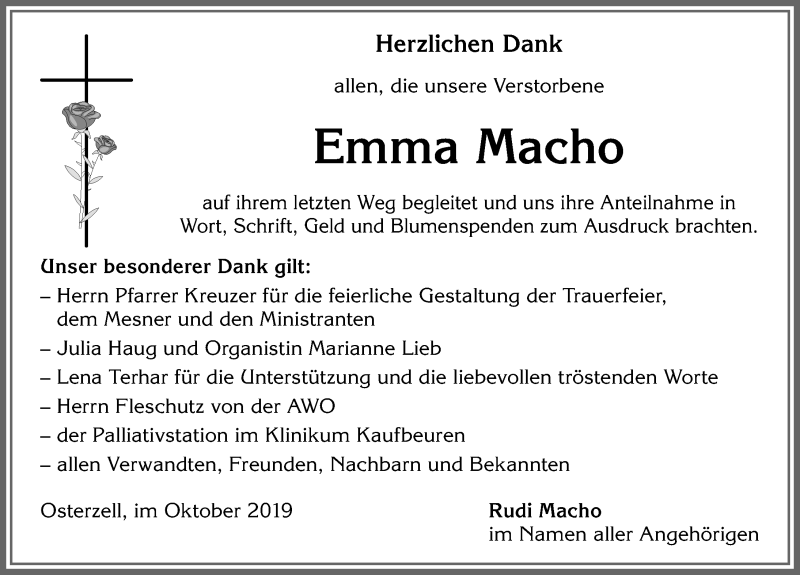Traueranzeige von Emma Macho von Allgäuer Zeitung, Kaufbeuren/Buchloe