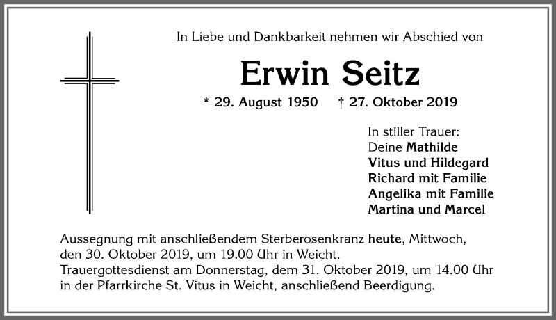 Traueranzeige von Erwin Seitz von Allgäuer Zeitung, Kaufbeuren/Buchloe