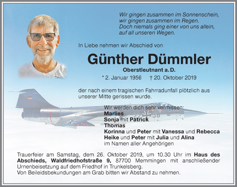  Traueranzeige für Günther Dümmler vom 24.10.2019 aus Memminger Zeitung