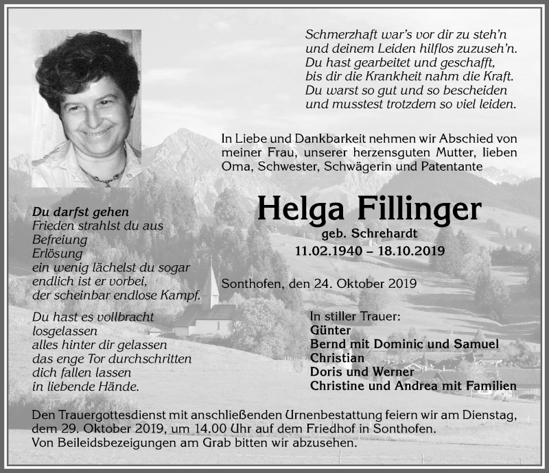 Traueranzeige von Helga Fillinger von Allgäuer Anzeigeblatt