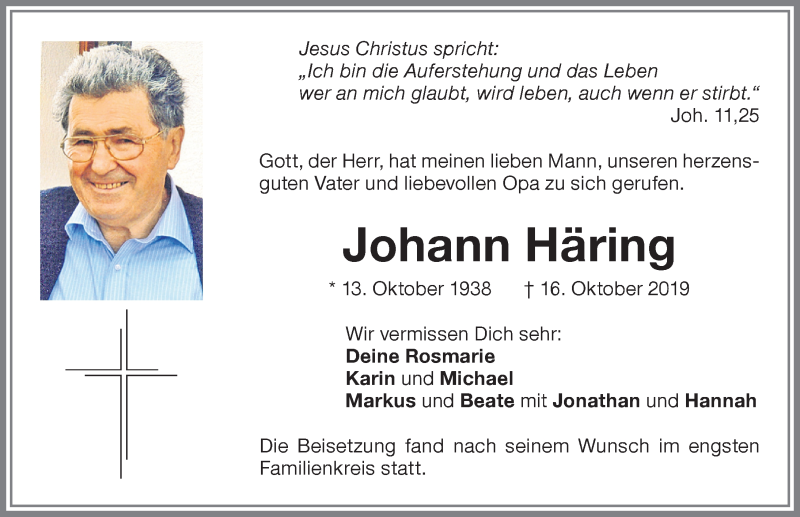 Traueranzeige von Johann Häring von Memminger Zeitung