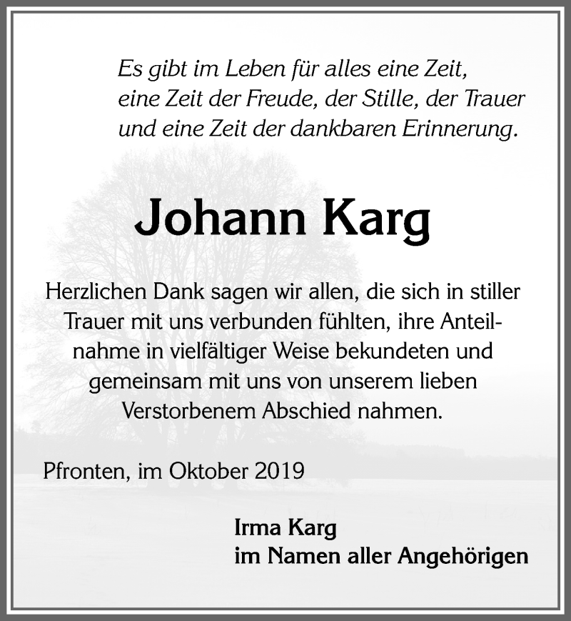 Traueranzeige von Johann Karg von Allgäuer Zeitung, Füssen