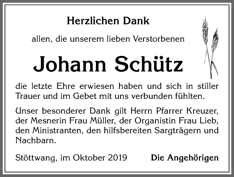 Traueranzeige von Johann Schütz von Allgäuer Zeitung, Kaufbeuren/Buchloe