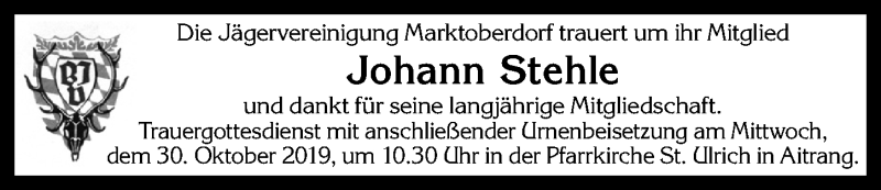 Traueranzeige von Johann Stehle von Allgäuer Zeitung, Marktoberdorf