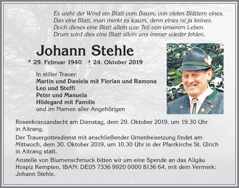 Traueranzeige von Johann Stehle von Allgäuer Zeitung, Marktoberdorf