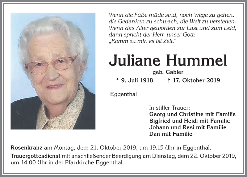 Traueranzeige von Juliane Hummel von Allgäuer Zeitung, Kaufbeuren/Buchloe