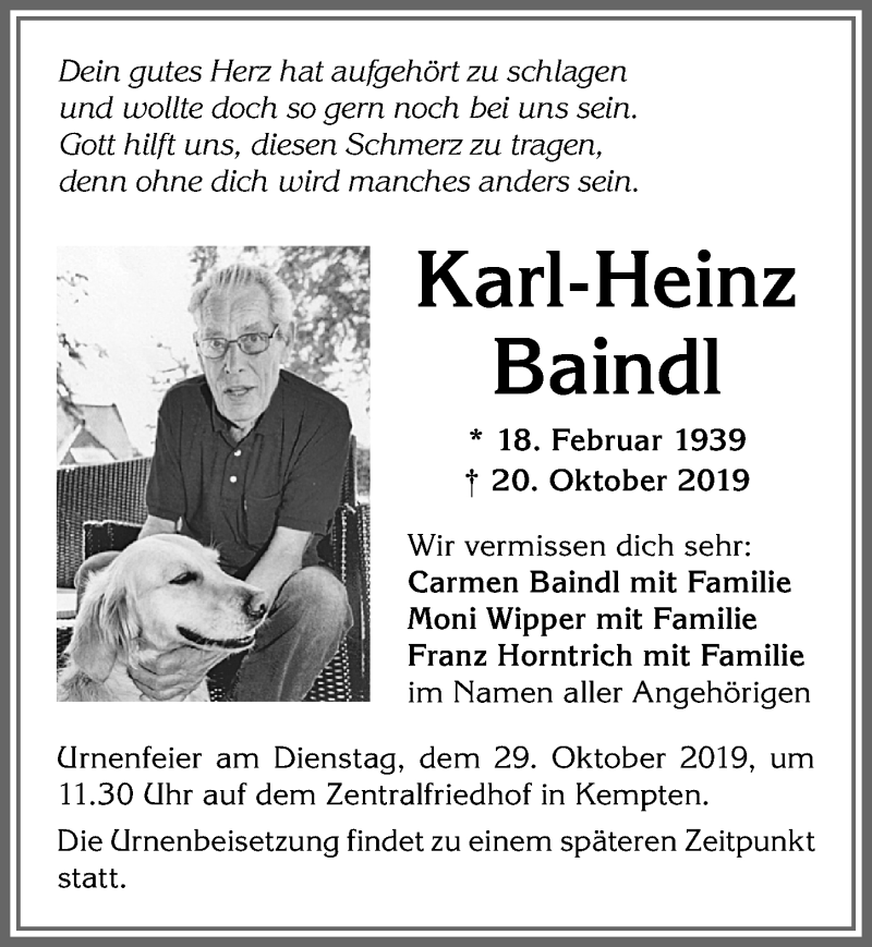  Traueranzeige für Karl-Heinz Baindl vom 26.10.2019 aus Allgäuer Zeitung,Kempten