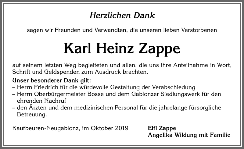 Traueranzeige von Karl Heinz Zappe von Allgäuer Zeitung, Kaufbeuren/Buchloe