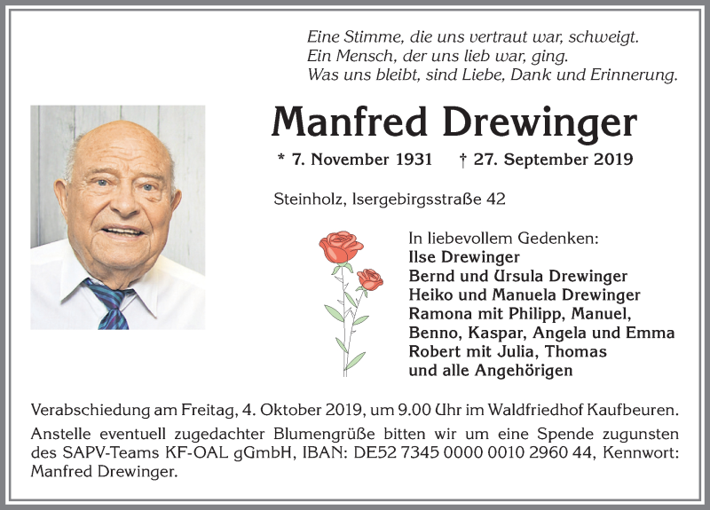  Traueranzeige für Manfred Drewinger vom 01.10.2019 aus Allgäuer Zeitung, Kaufbeuren/Buchloe