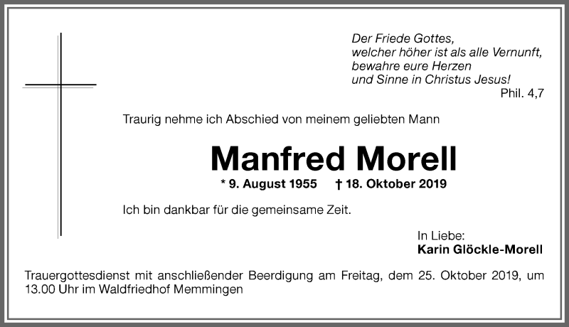 Traueranzeige von Manfred Morell von Memminger Zeitung