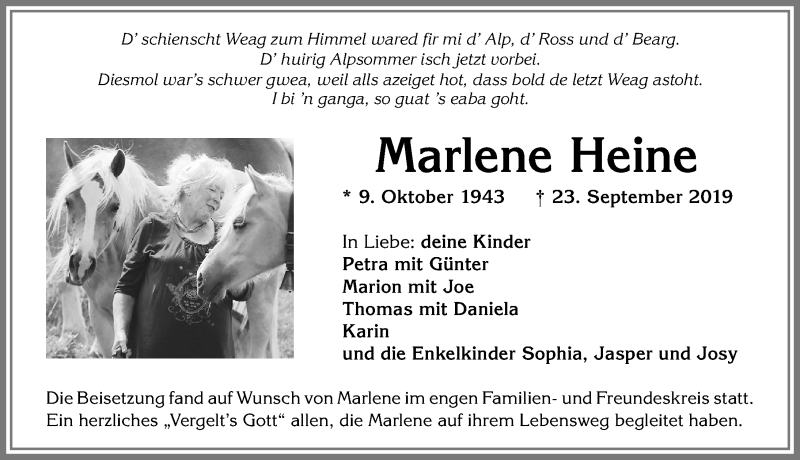  Traueranzeige für Marlene Heine vom 05.10.2019 aus Allgäuer Anzeigeblatt