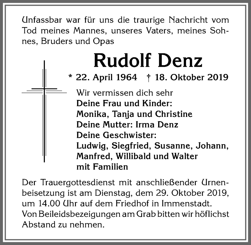 Traueranzeige von Rudolf Denz von Allgäuer Anzeigeblatt