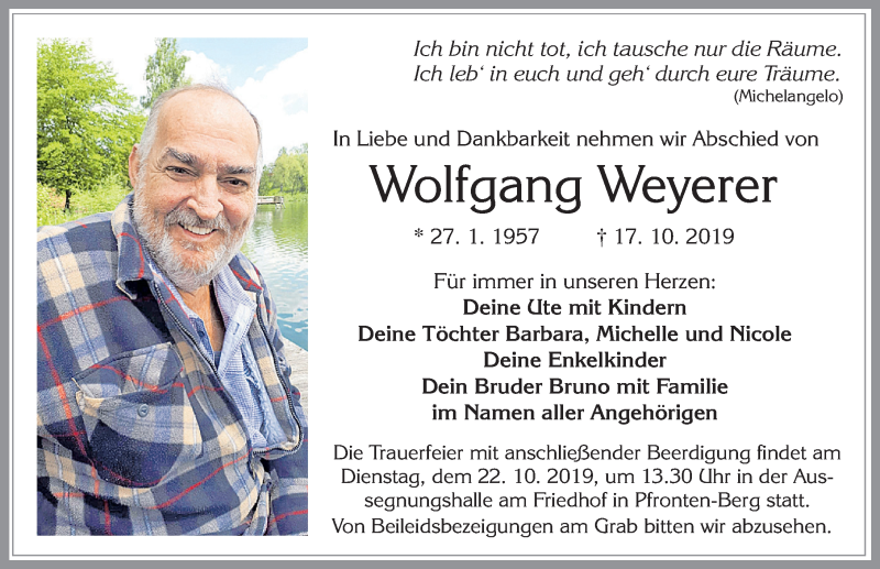 Traueranzeige von Wolfgang Weyerer von Allgäuer Zeitung, Füssen
