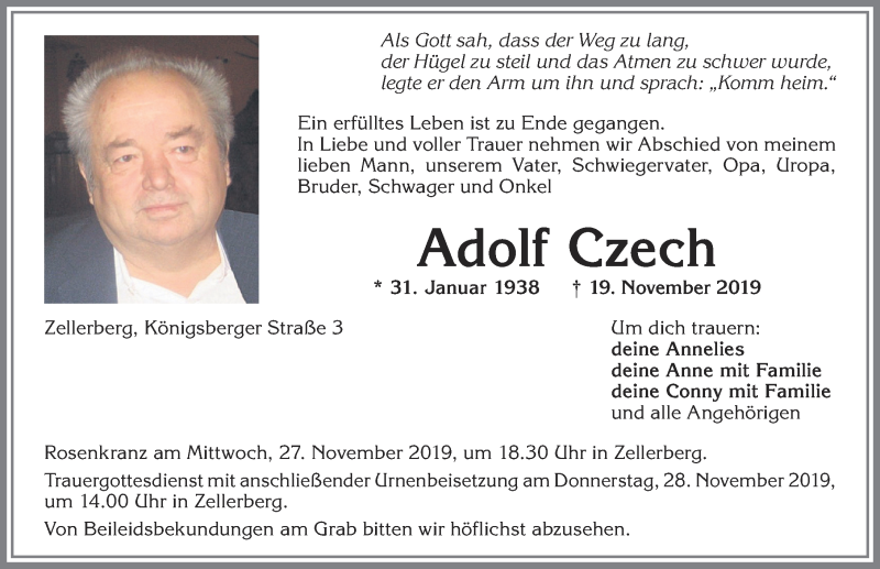Traueranzeige von Adolf Czech von Allgäuer Zeitung, Kaufbeuren/Buchloe