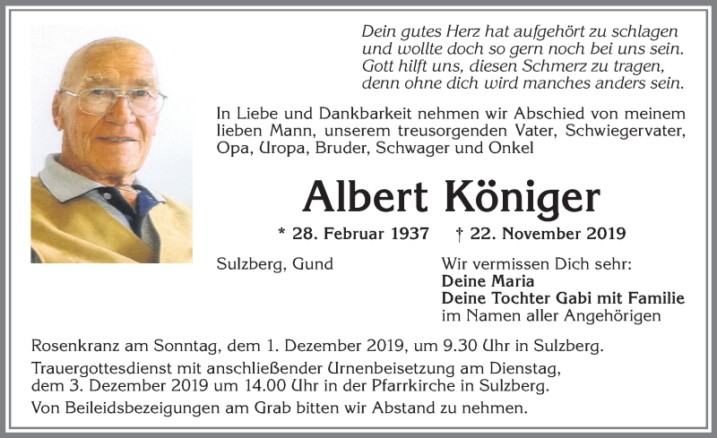 Traueranzeige von Albert Königer von Allgäuer Zeitung,Kempten