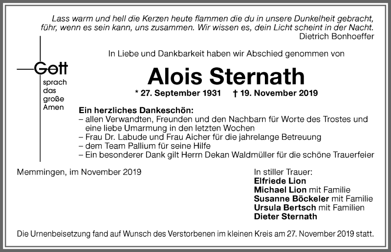 Traueranzeige von Alois Sternath von Memminger Zeitung