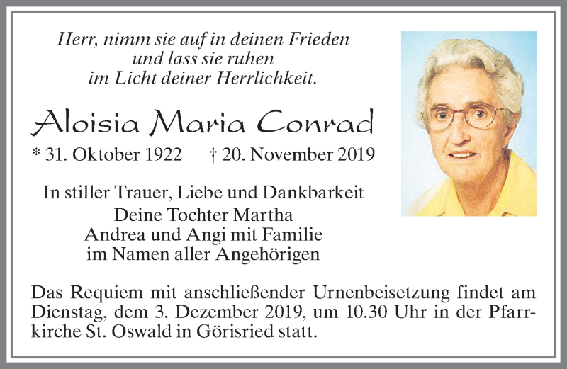 Traueranzeige von Aloisia Maria Conrad von Allgäuer Zeitung, Marktoberdorf