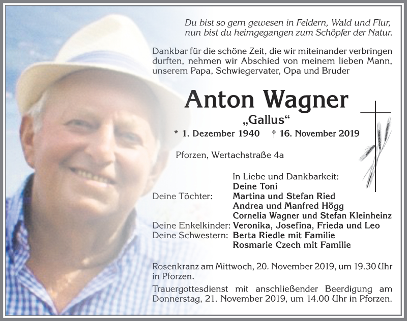 Traueranzeige von Anton Wagner von Allgäuer Zeitung, Kaufbeuren/Buchloe