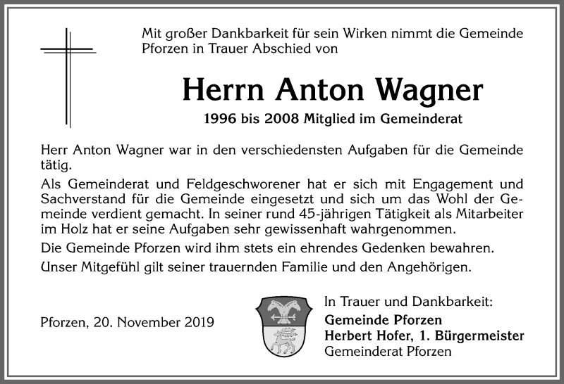 Traueranzeige von Anton Wagner von Allgäuer Zeitung, Kaufbeuren/Buchloe