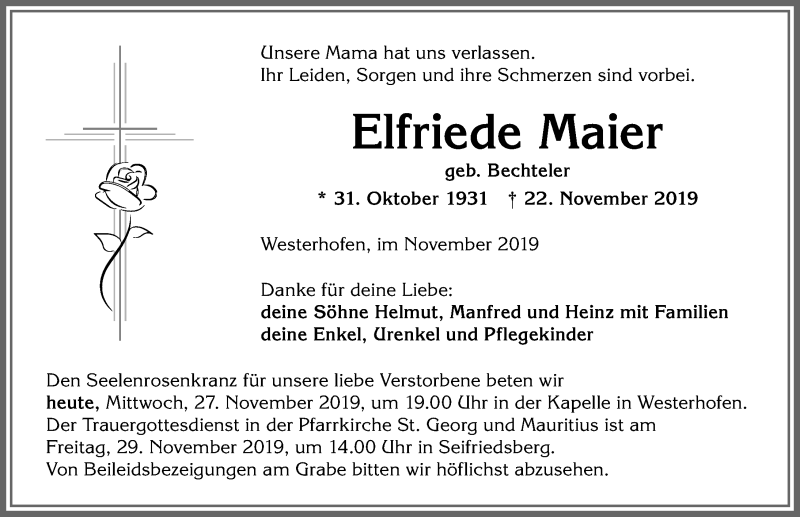 Traueranzeige von Elfriede Maier von Allgäuer Anzeigeblatt