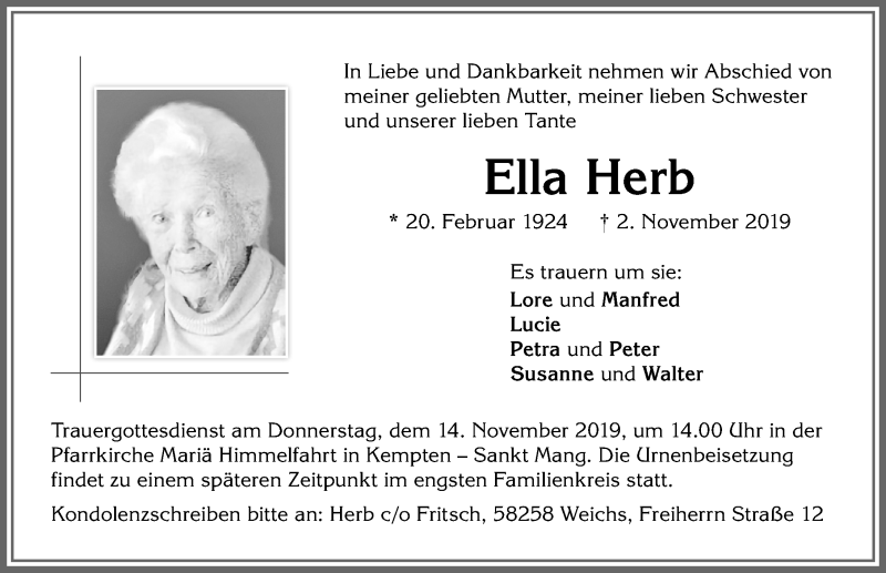 Traueranzeige von Ella Herb von Allgäuer Zeitung,Kempten