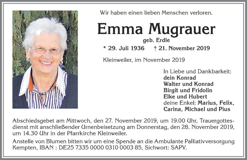 Traueranzeige von Emma Mugrauer von Allgäuer Zeitung,Kempten