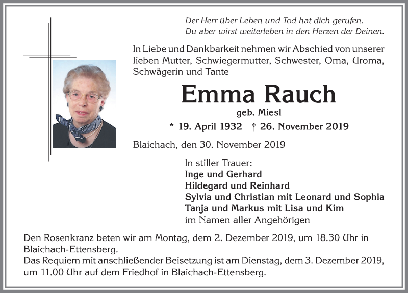 Traueranzeige von Emma Rauch von Allgäuer Anzeigeblatt