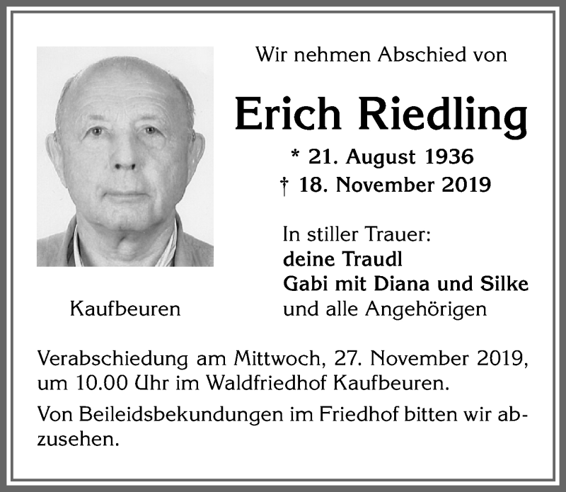 Traueranzeige von Erich Riedling von Allgäuer Zeitung, Kaufbeuren/Buchloe
