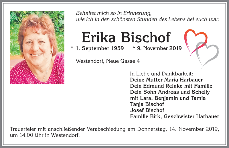 Traueranzeige von Erika Bischof von Allgäuer Zeitung, Kaufbeuren/Buchloe