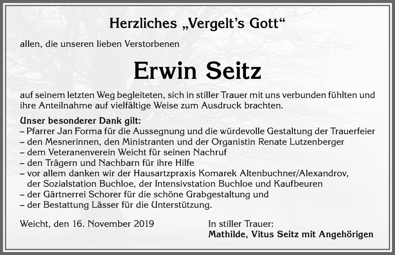 Traueranzeige von Erwin Seitz von Allgäuer Zeitung, Kaufbeuren/Buchloe