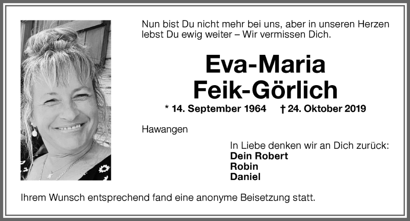  Traueranzeige für Eva-Maria Feik-Görlich vom 06.11.2019 aus Memminger Zeitung