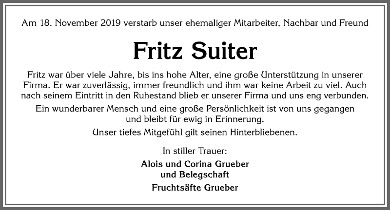 Traueranzeige von Fritz Suiter von Memminger Zeitung