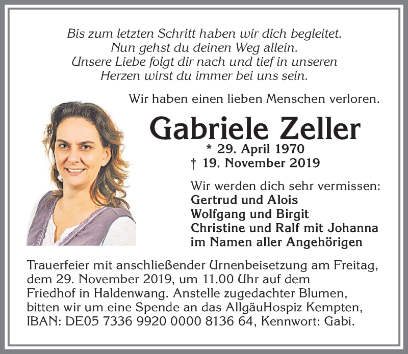 Traueranzeige von Gabriele Zeller von Allgäuer Zeitung,Kempten