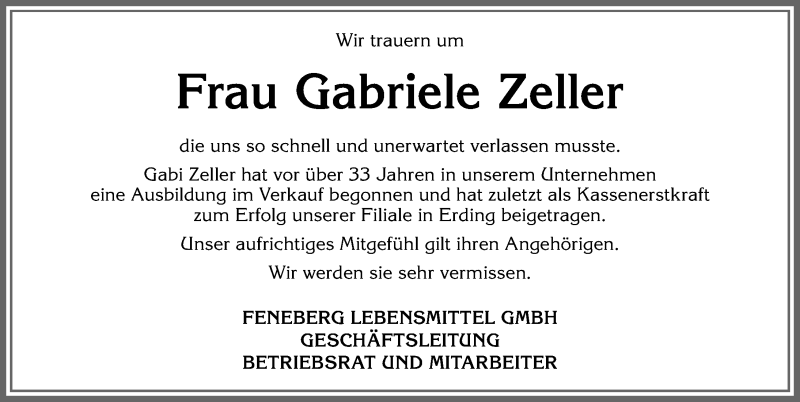 Traueranzeige von Gabriele Zeller von Allgäuer Anzeigeblatt