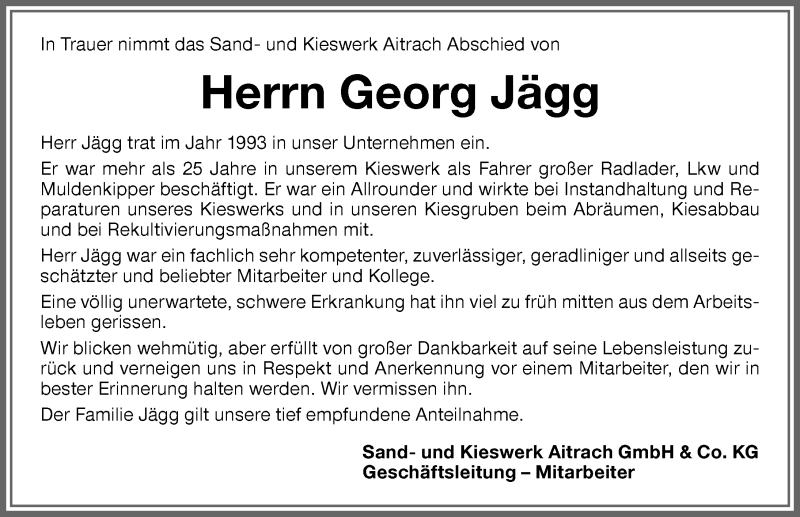 Traueranzeige von Georg Jägg von Memminger Zeitung