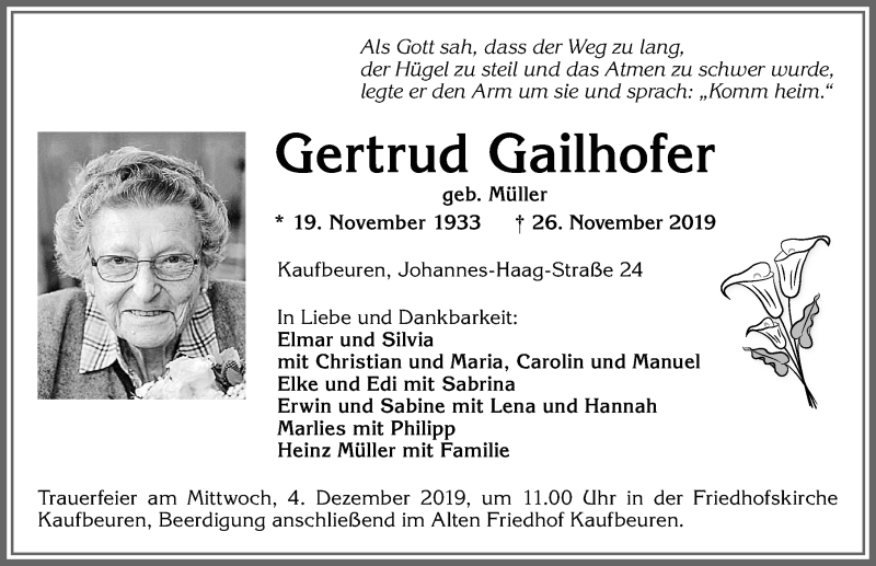 Traueranzeige von Gertrud Gailhofer von Allgäuer Zeitung, Kaufbeuren/Buchloe