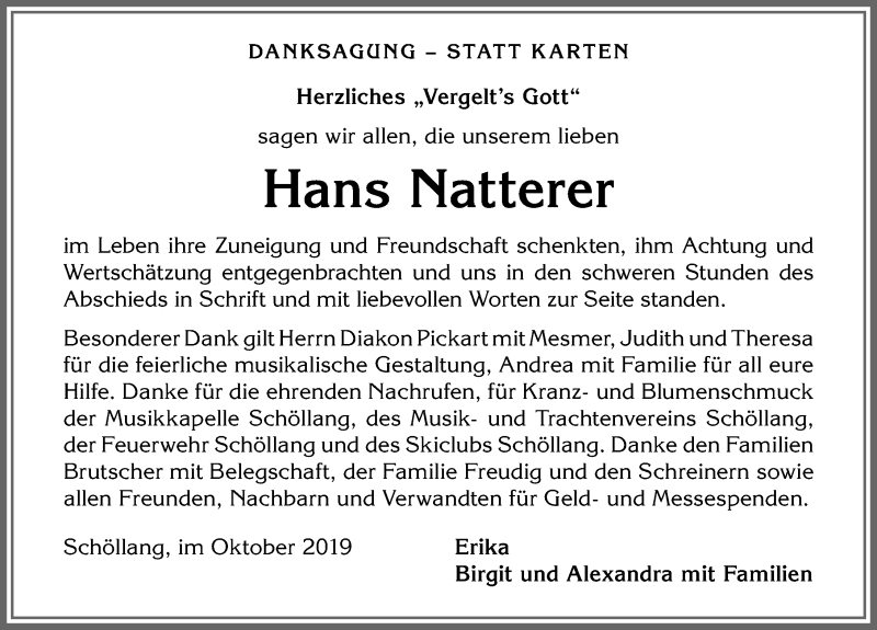 Traueranzeige von Hans Natterer von Allgäuer Anzeigeblatt