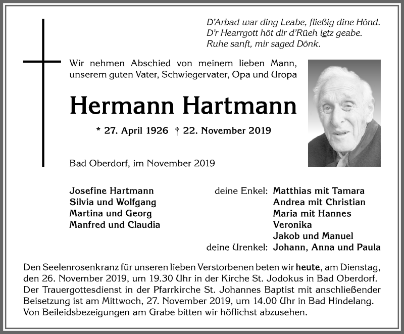Traueranzeige von Hermann Hartmann von Allgäuer Anzeigeblatt