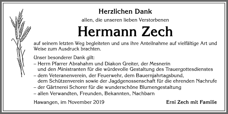 Traueranzeige von Hermann Zech von Allgäuer Zeitung, Kaufbeuren/Buchloe