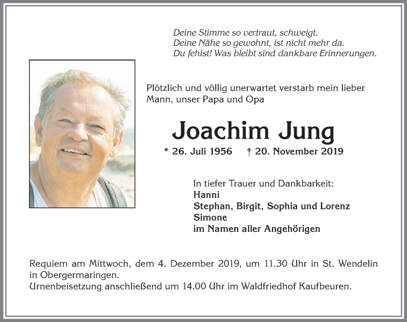 Traueranzeige von Joachim Jung von Allgäuer Zeitung, Kaufbeuren/Buchloe