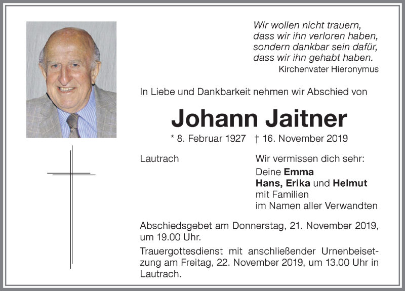 Traueranzeige von Johann Jaitner von Memminger Zeitung