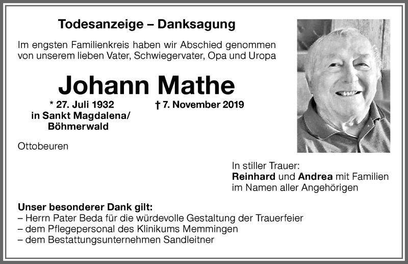 Traueranzeige von Johann Mathe von Memminger Zeitung