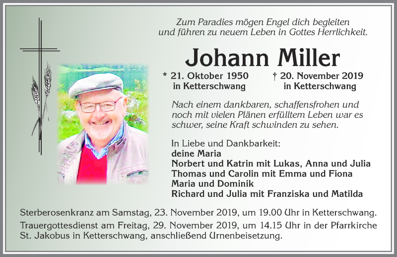 Traueranzeige von Johann Miller von Allgäuer Zeitung, Kaufbeuren/Buchloe