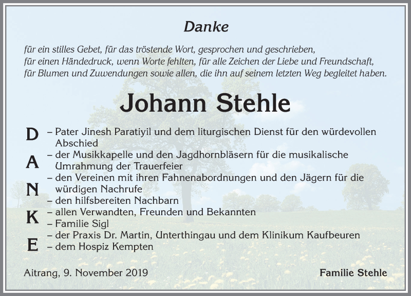 Traueranzeige von Johann Stehle von Allgäuer Zeitung, Marktoberdorf