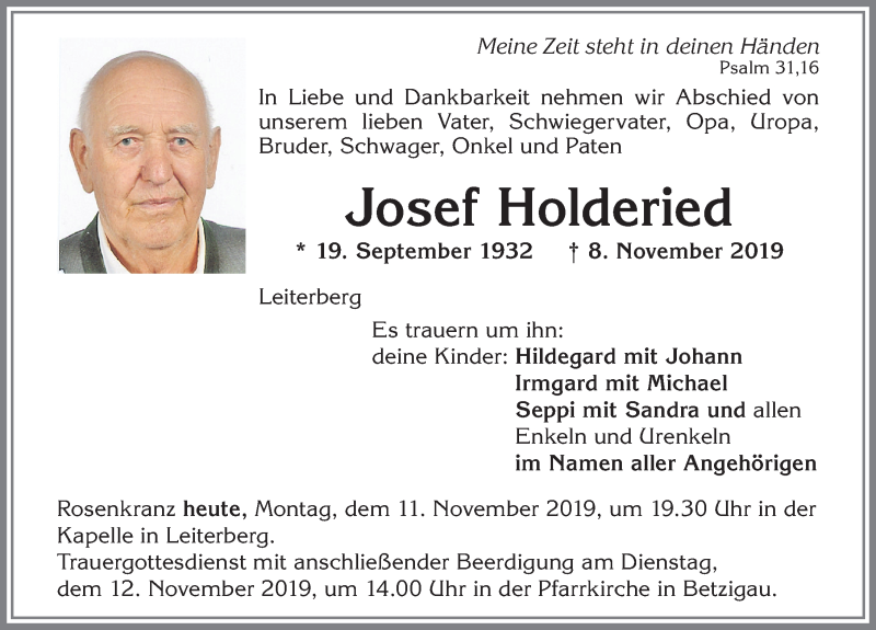 Traueranzeige von Josef Holderied von Allgäuer Zeitung,Kempten