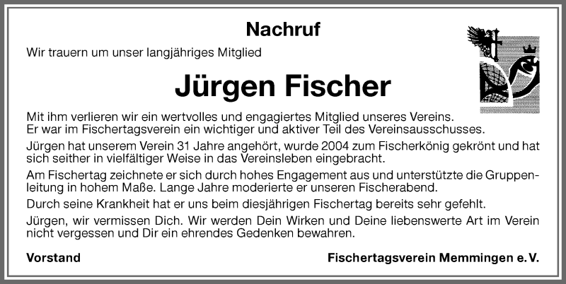 Traueranzeige von Jürgen Fischer von Memminger Zeitung