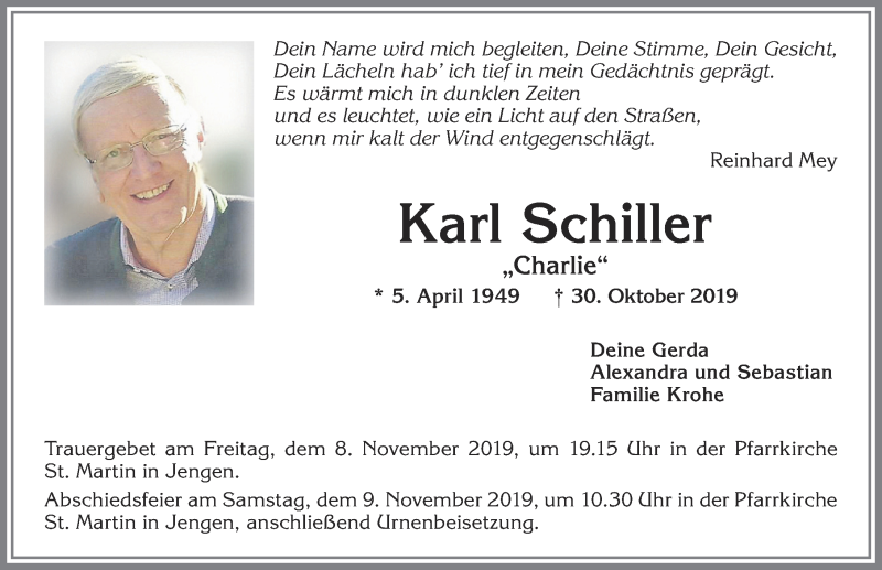 Traueranzeige von Karl Schiller von Allgäuer Zeitung, Kaufbeuren/Buchloe