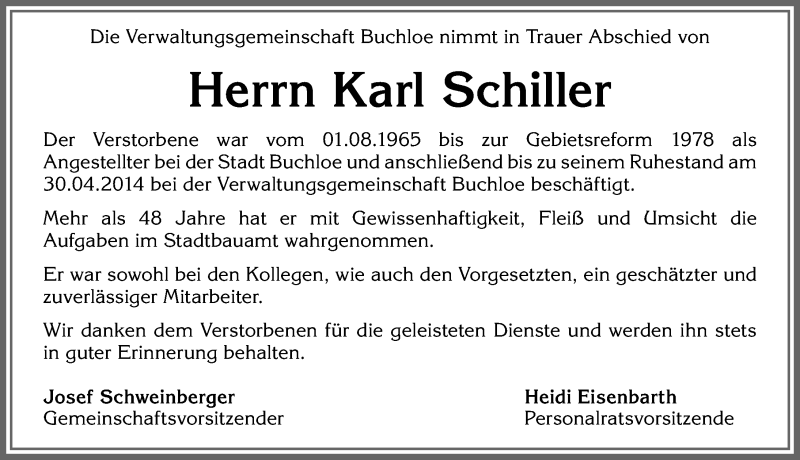 Traueranzeige von Karl Schiller von Allgäuer Zeitung, Kaufbeuren/Buchloe