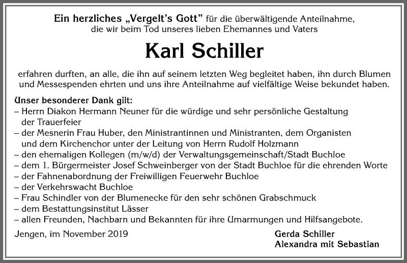 Traueranzeige von Karl Schiller von Allgäuer Zeitung, Kaufbeuren/Buchloe